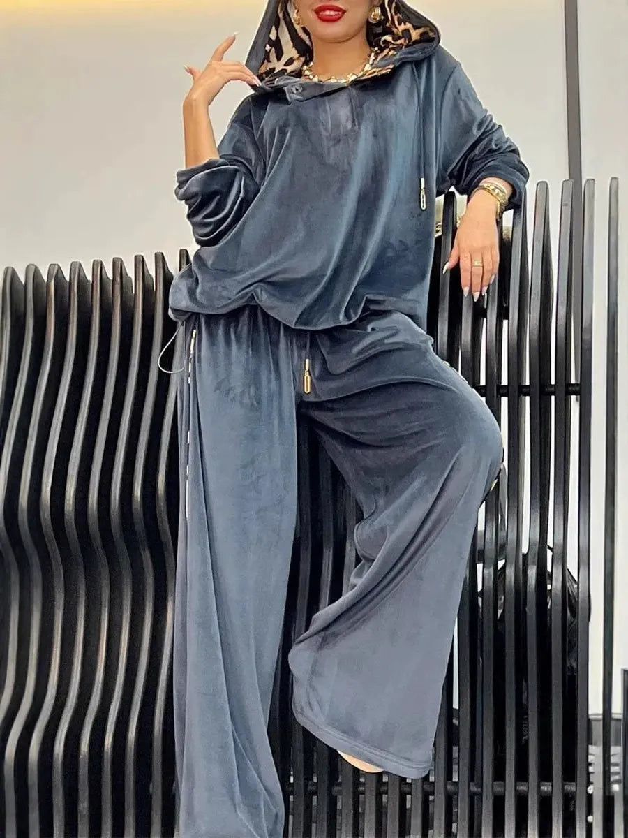 Women’s Two-Piece Loungewear Set – Oversized Hoodie with Drawstring – Wide Leg Pants – Plush Feel
