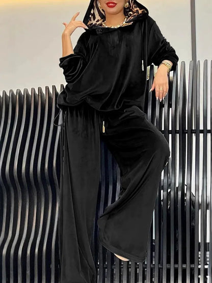 Women’s Two-Piece Loungewear Set – Oversized Hoodie with Drawstring – Wide Leg Pants – Plush Feel