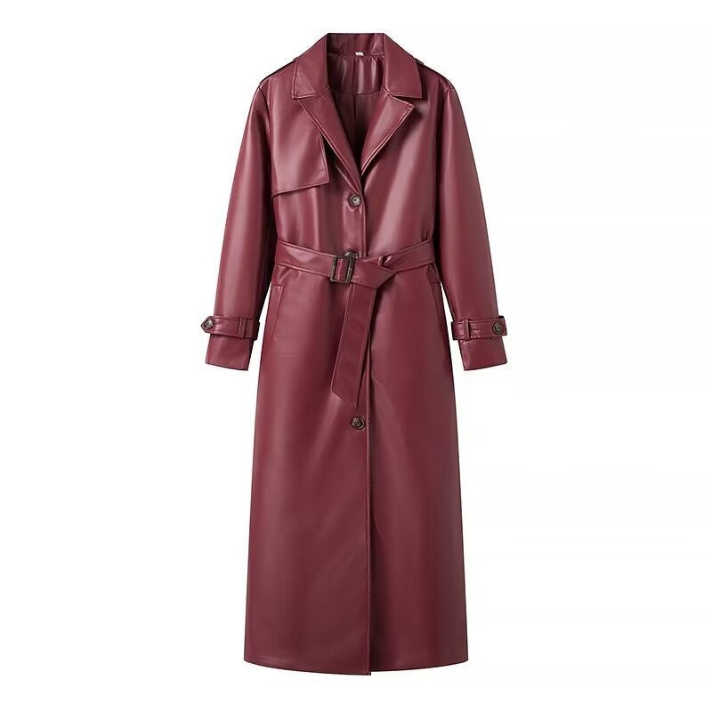 Faux Leather Maxi Length Notched Lapel Trench Coat
