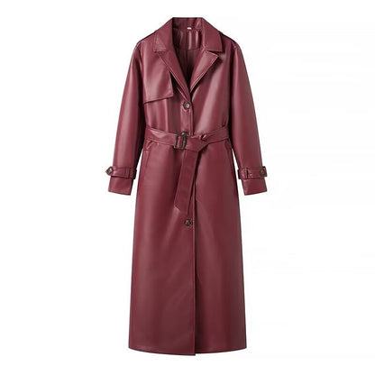 Women’s Trench Coat - Faux Leather - Maxi Length - Notched Lapel