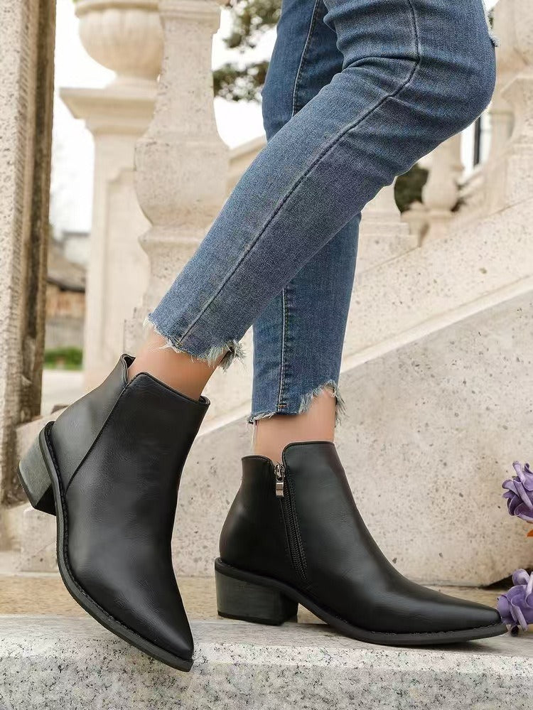 Leather Pointed Toe Low Block Heel Ankle Boots