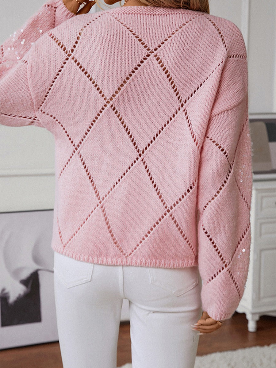 Women’s Knitted Sweatshirt – Relaxed Fit – Wool Blend – Sequin Diamond Openwork Sleeve