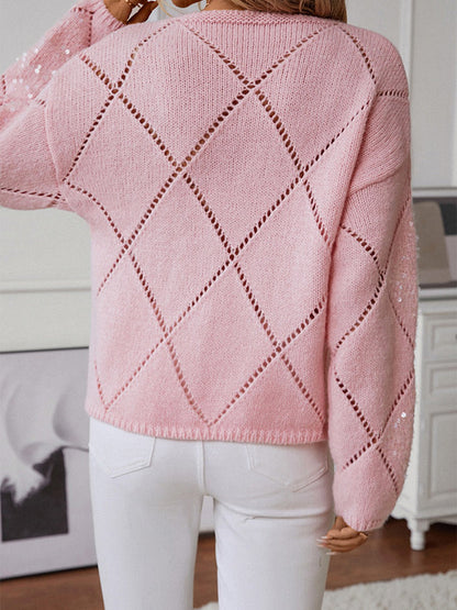 Women’s Knitted Sweatshirt – Relaxed Fit – Wool Blend – Sequin Diamond Openwork Sleeve