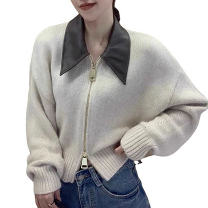 Women’s Cardigan Jacket - Knit - Cropped Length - Spread Collar - Ribbed Cuffs