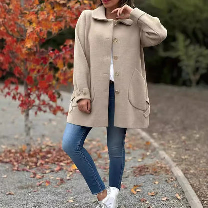 Women’s Long Coat – Relaxed Fit – Wool Feel – Single-Breasted – Mid-Thigh Length
