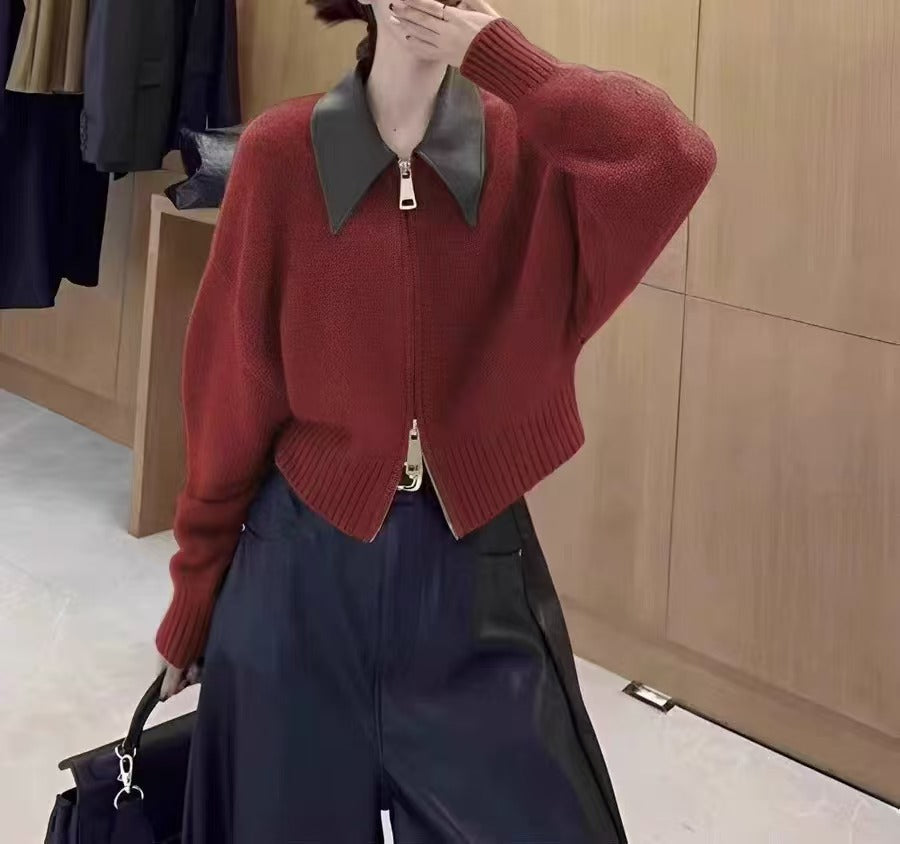 Women’s Cardigan Jacket - Knit - Cropped Length - Spread Collar - Ribbed Cuffs