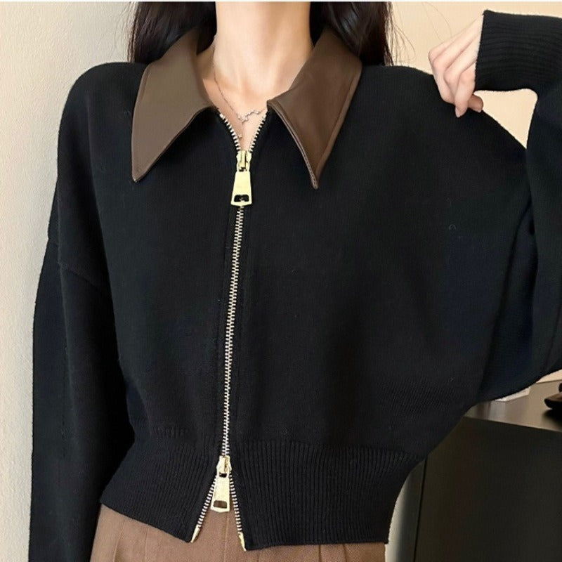 Knit Cropped Spread Collar Cardigan Jacket
