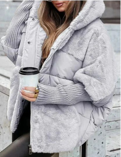 Women’s Coat – Quilted Padded Hybrid – Faux Fur Hood – Ribbed Cuffs – Loose Fit