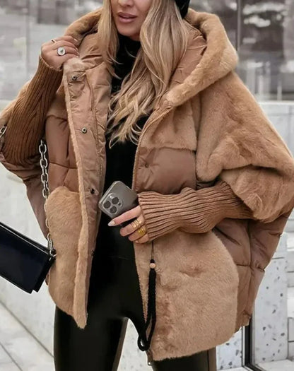 Women’s Coat – Quilted Padded Hybrid – Faux Fur Hood – Ribbed Cuffs – Loose Fit