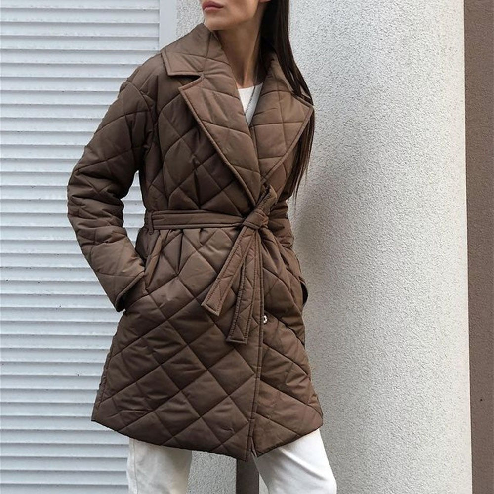 Insulated Belted Quilted Mid-Length Coat 