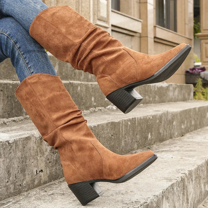 Women’s Boots - Textile - Mid-Calf Length - Pointed Toe - Mid-Block Heel