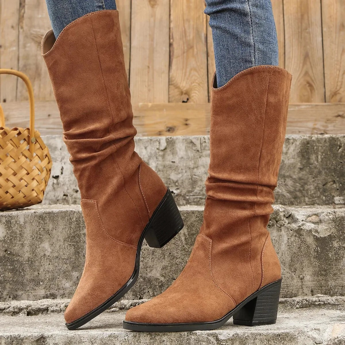 Women’s Boots - Textile - Mid-Calf Length - Pointed Toe - Mid-Block Heel