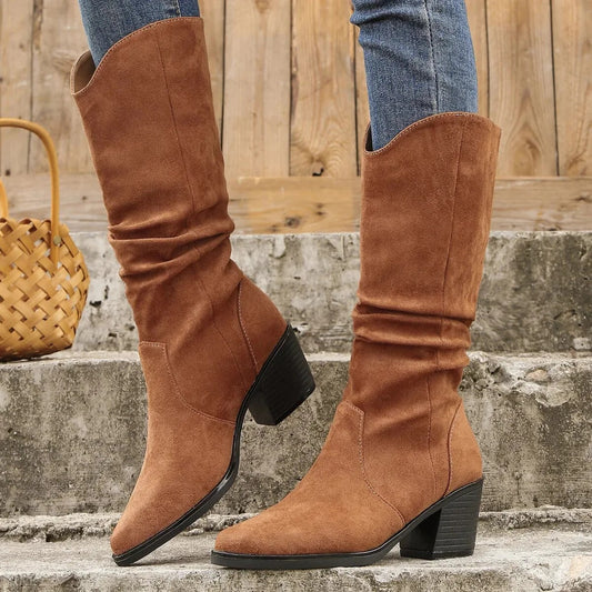 Pointed Toe Mid-Calf Block Heel Boots