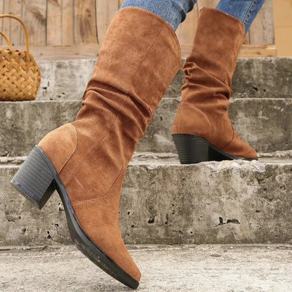 Women’s Boots - Textile - Mid-Calf Length - Pointed Toe - Mid-Block Heel