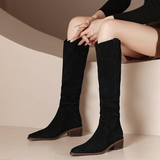Suede Knee-High Pointed Toe Block Heel Boots