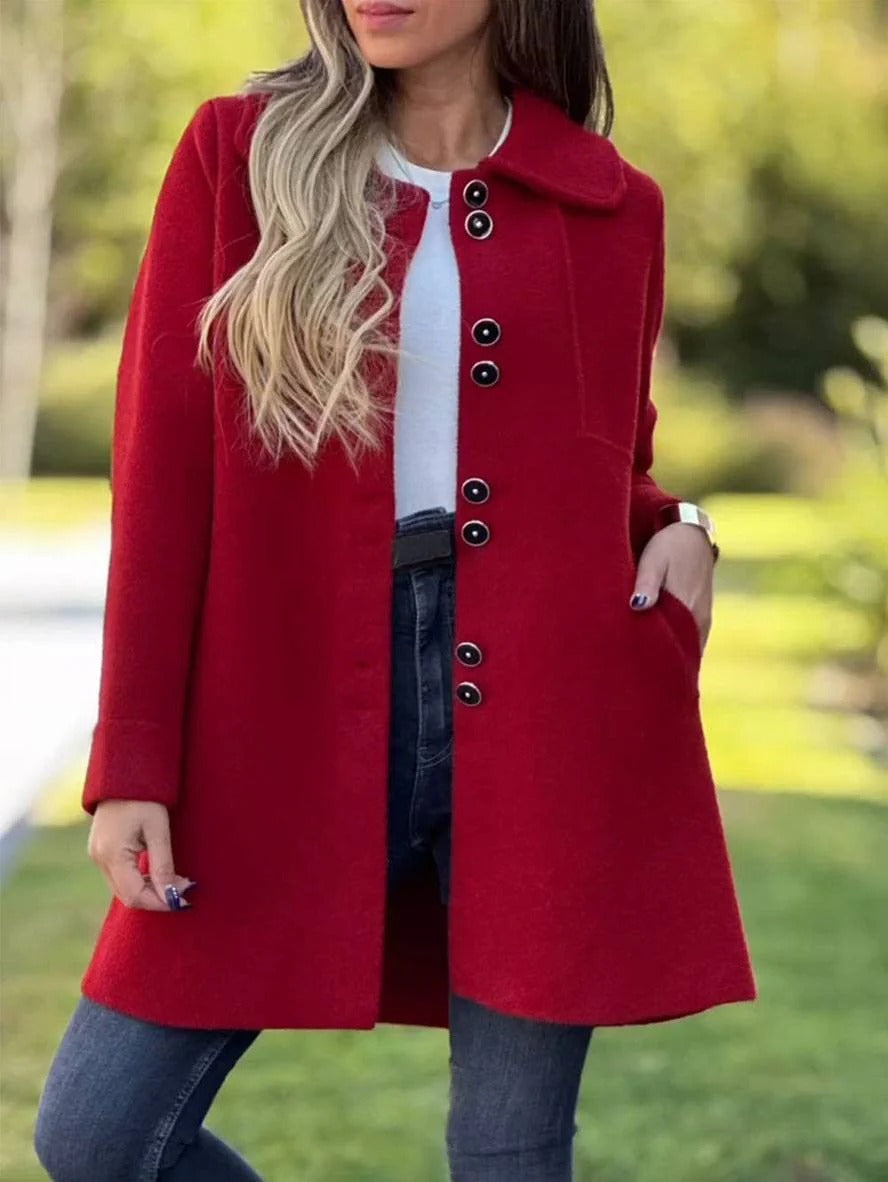 Women’s Long Coat – Wool Blend – Relaxed Fit – Single-Breasted with Lapel Collar