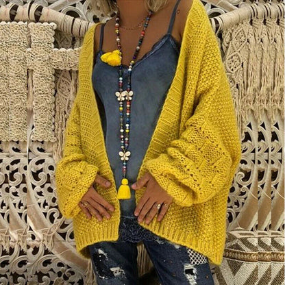 Women’s Cardigan – Chunky Knit Wool Blend – Oversized Fit – Open Front – Balloon Sleeves