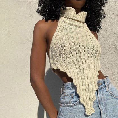 Women’s Halter Top – Ribbed Knit – Cropped Fit – High Neck – Asymmetrical Hem