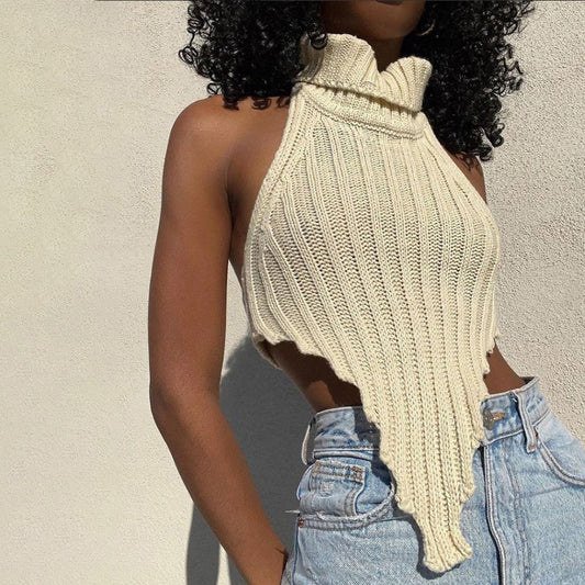 Ribbed Knit Asymmetrical Hem Halter Top 