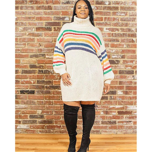 Wool Knit Oversized Striped Sweater Dress 
