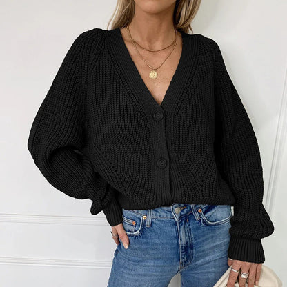 Women’s Cardigan – Chunky Wool Knit – Oversized Fit – V-Neck – Button Front – Ribbed Trim
