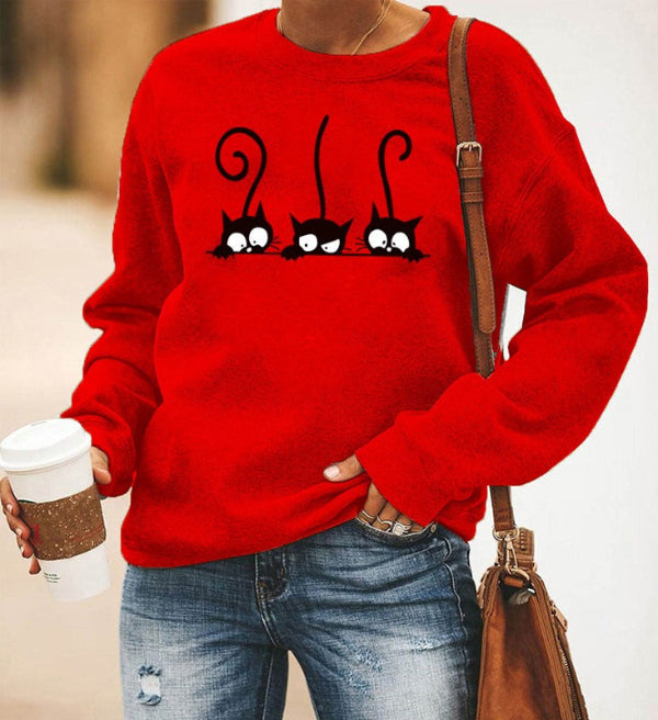 Women’s Sweatshirt – Oversized Fit – Cotton Blend – Crewneck – Cat Graphic Print