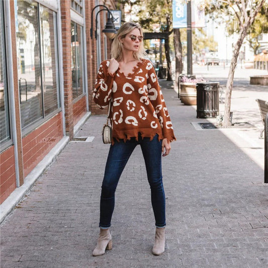 Wool Blend Oversized Fringed Hem Knit Sweater 