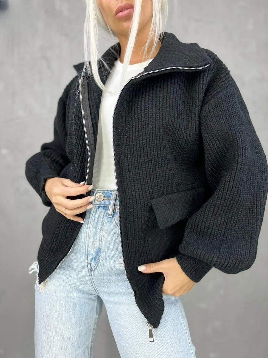 Women’s Knit Jacket – Relaxed Fit – Wool Blend – Ribbed Texture – Zip Front – Flap Pockets