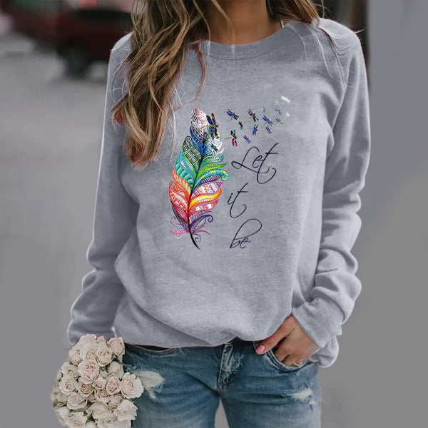 Women’s Sweatshirt – Relaxed Fit – Cotton Blend Knit – Feather Print – Crew Neck Long Sleeve