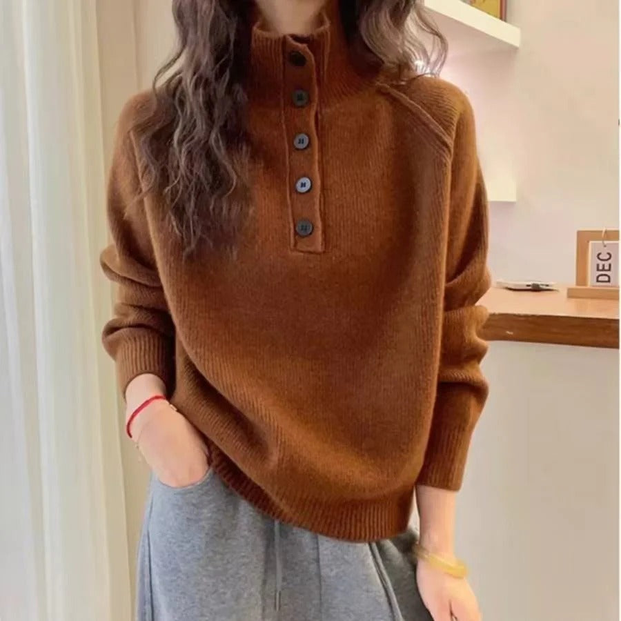 Women’s Knitted Pullover – Wool Blend – Relaxed Fit – Stand Collar – Button Front