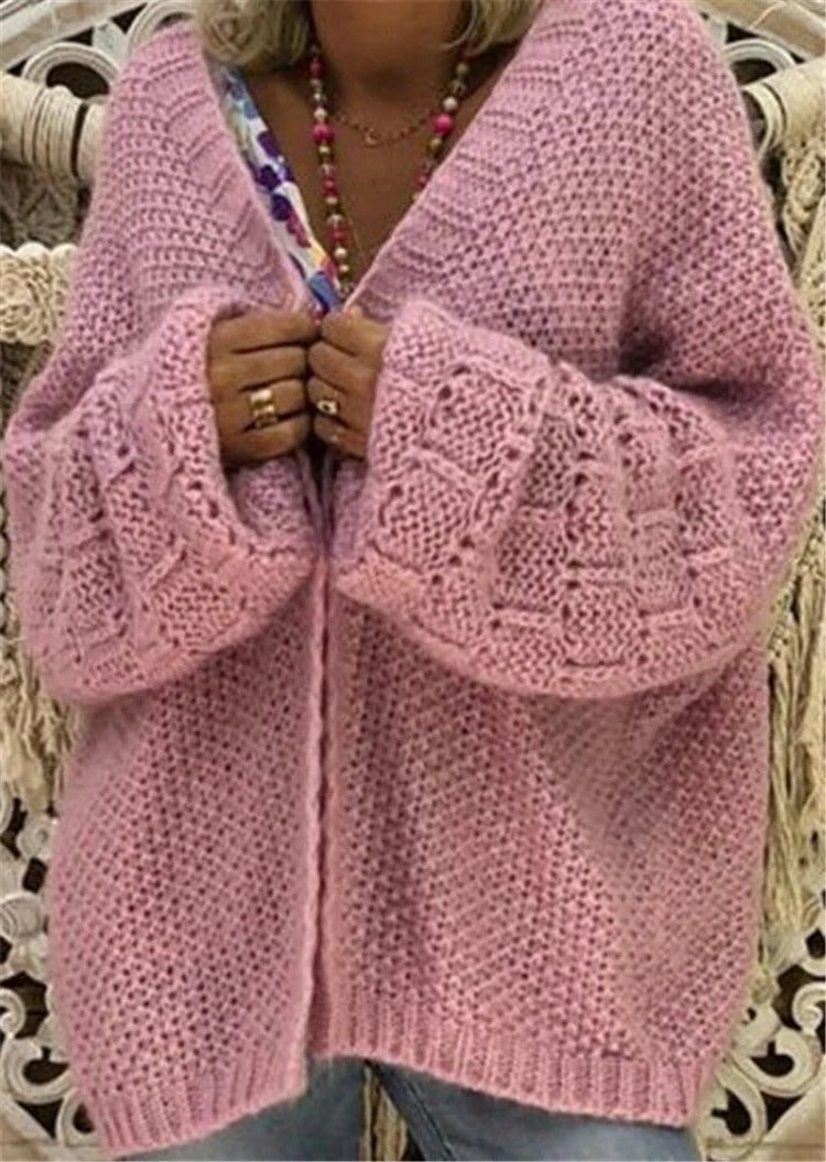 Women’s Cardigan – Chunky Knit Wool Blend – Oversized Fit – Open Front – Balloon Sleeves