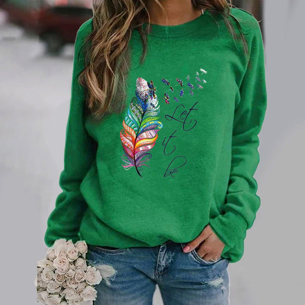 Women’s Sweatshirt – Relaxed Fit – Cotton Blend Knit – Feather Print – Crew Neck Long Sleeve