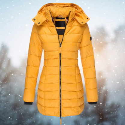 Women’s Long Puffer Jacket – Fitted Quilted Design – Water-Resistant – Detachable Hood