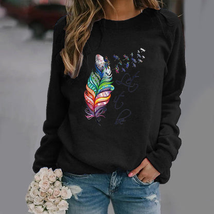 Women’s Sweatshirt – Relaxed Fit – Cotton Blend Knit – Feather Print – Crew Neck Long Sleeve
