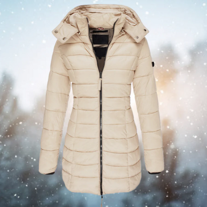 Women’s Long Puffer Jacket – Fitted Quilted Design – Water-Resistant – Detachable Hood