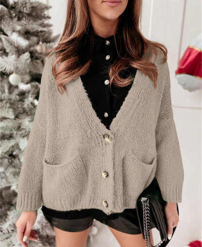 Women’s Cardigan – Oversized Fit – Knitted Texture – V-Neck – Button Front – Pocketed