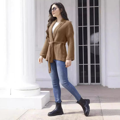 Women’s Cardigan – Relaxed Fit – Ribbed Knit – Shawl Collar – Belted Waist
