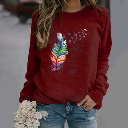 Women’s Sweatshirt – Relaxed Fit – Cotton Blend Knit – Feather Print – Crew Neck Long Sleeve