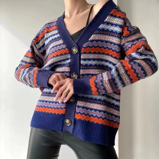 Geometric Pattern Relaxed Fit Knit Cardigan 