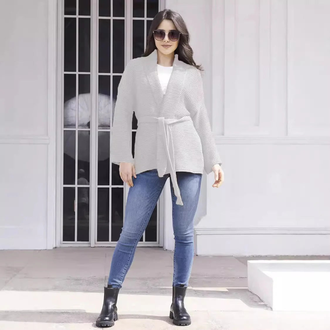 Women’s Cardigan – Relaxed Fit – Ribbed Knit – Shawl Collar – Belted Waist