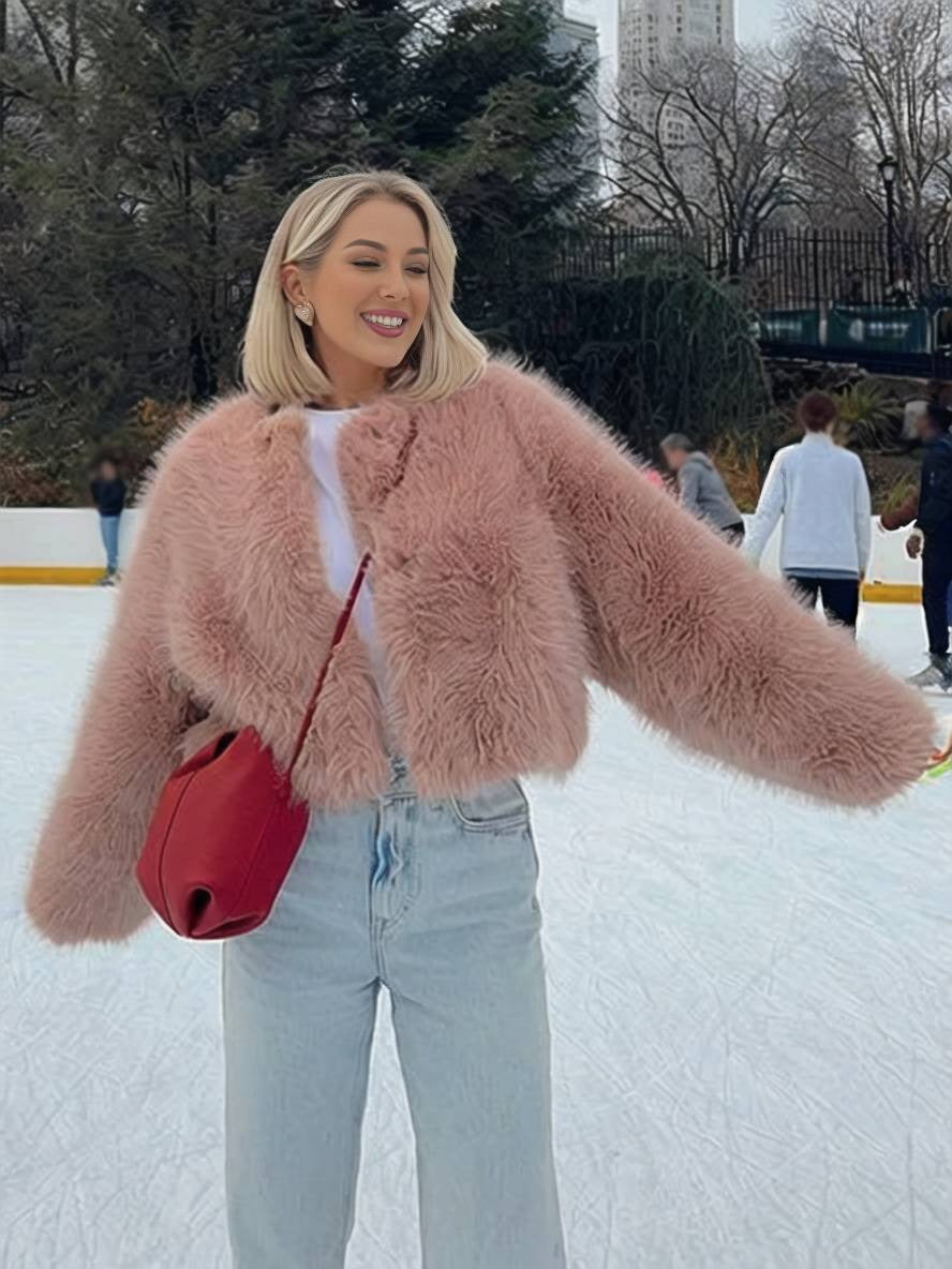 Women’s Coat - Faux Fur - Cropped Fit - Collarless Round Neck - Open Front