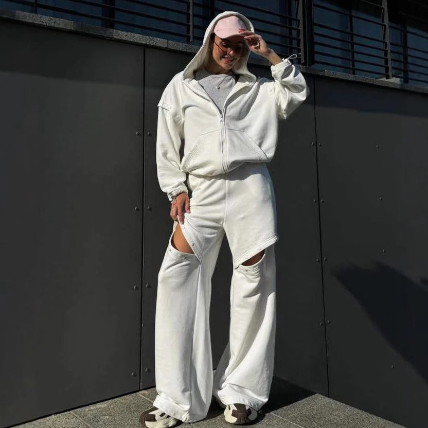 Women’s 2-Piece Loungewear Set – Relaxed Fit – Hooded Zip Top – Wide-Leg Pants with Cut-Outs