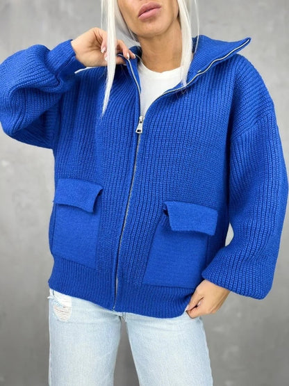 Women’s Knit Jacket – Relaxed Fit – Wool Blend – Ribbed Texture – Zip Front – Flap Pockets