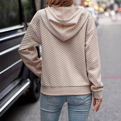 Women’s Quilted Hoodie – Relaxed Fit – Textured Fabric – Button Neck – Kangaroo Pocket