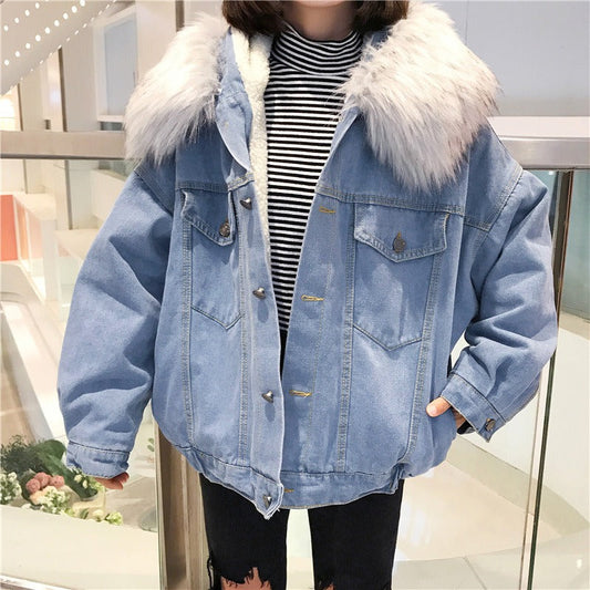 Faux Fur Collar Oversized Denim Jacket 