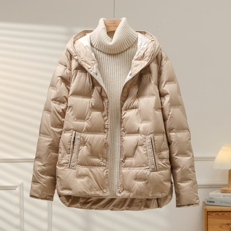 Women’s Down Jacket – Relaxed Fit – Quilted Puff – Hooded – Snap Closure – Mid Length