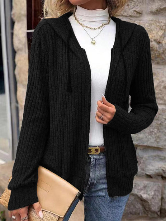 Ribbed Texture Relaxed Fit Hooded Knit Sweater 