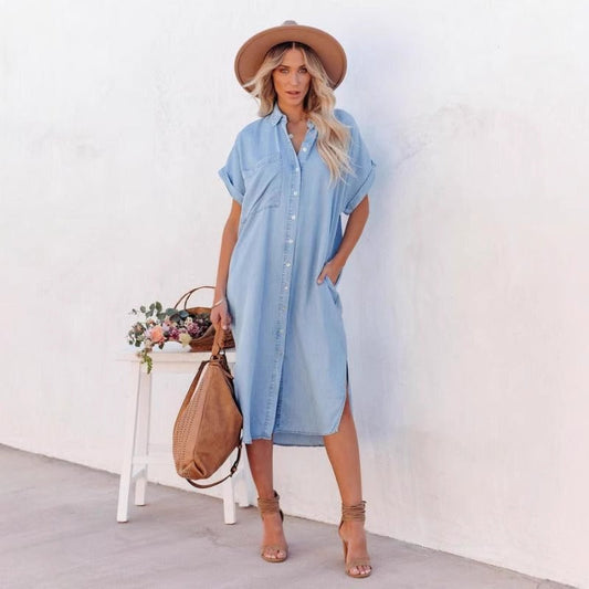 Relaxed Cotton Blend Button Down Shirtdress 