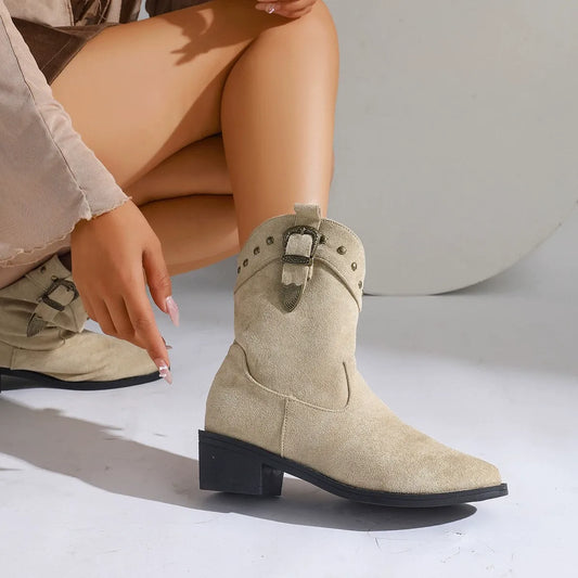 Suede Embroidered Pointed Toe Tube Boots 
