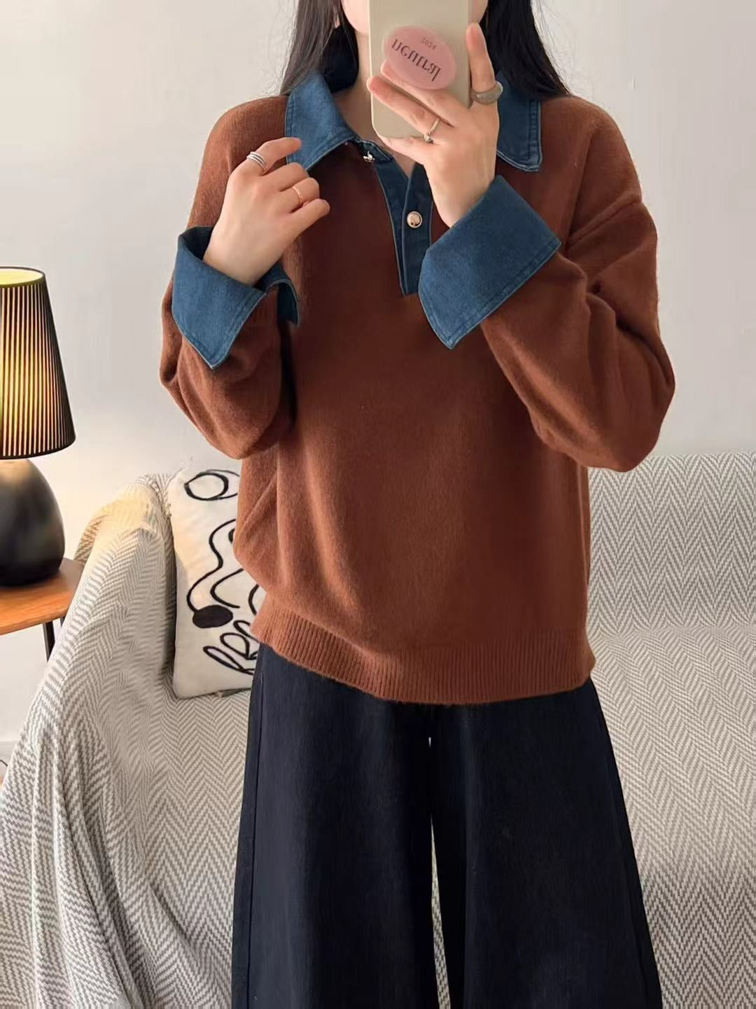 Wool Relaxed Fit Denim Collar Sweater